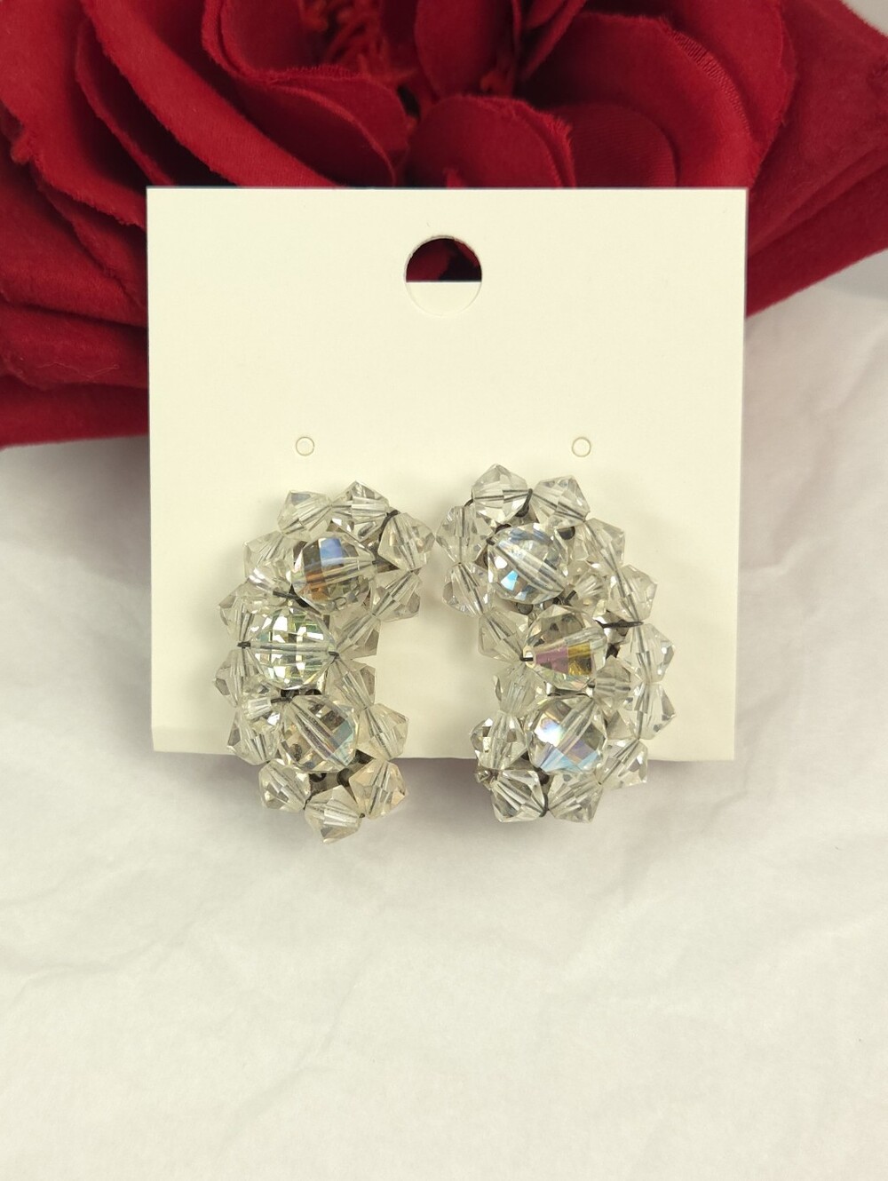 Vintage Aurora Borealis Crystal Cresent Cluster Clip on Earrings High Quality